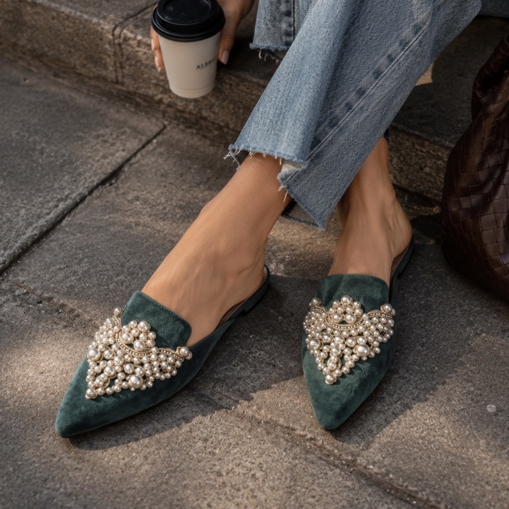 Tilocow Pearl Embellished Pointed Toe Mule Flats Teal Green Women's 8.5